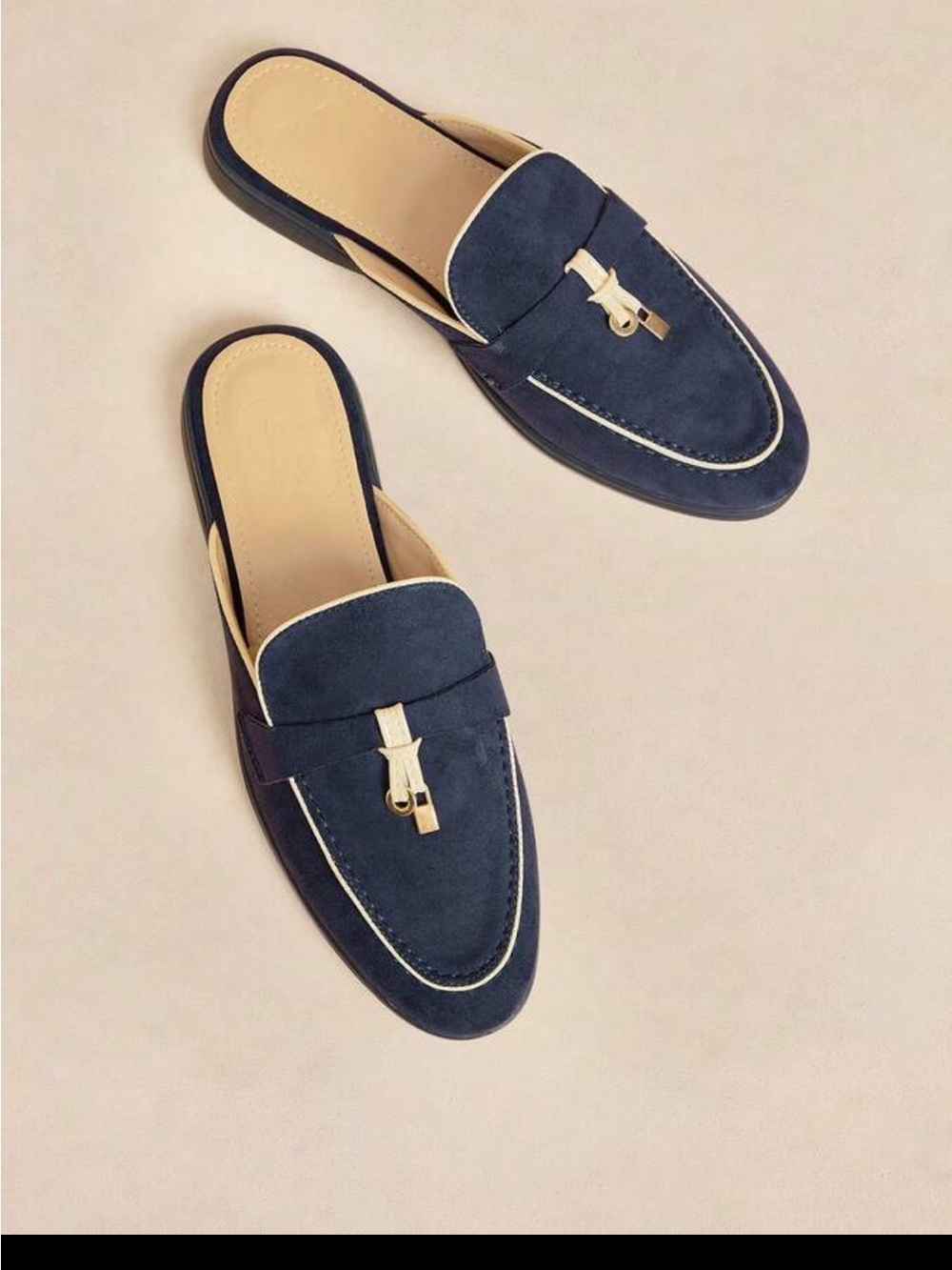 Rosivie Women's Navy Blue Suede Mules Backless Loafers Flats